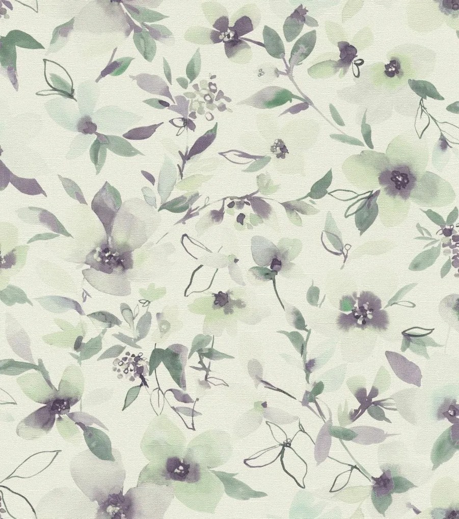 Vinil tapéta Flizelin Virágok Levelek akvarell stílus Lila Zöld