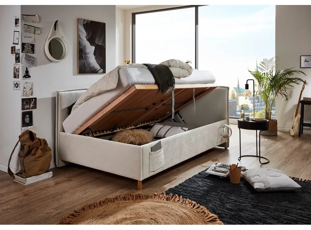 Bézs kárpitozott ágyneműtartós sarok gyerekágy ágyráccsal 120x200 cm Fun – Meise Möbel