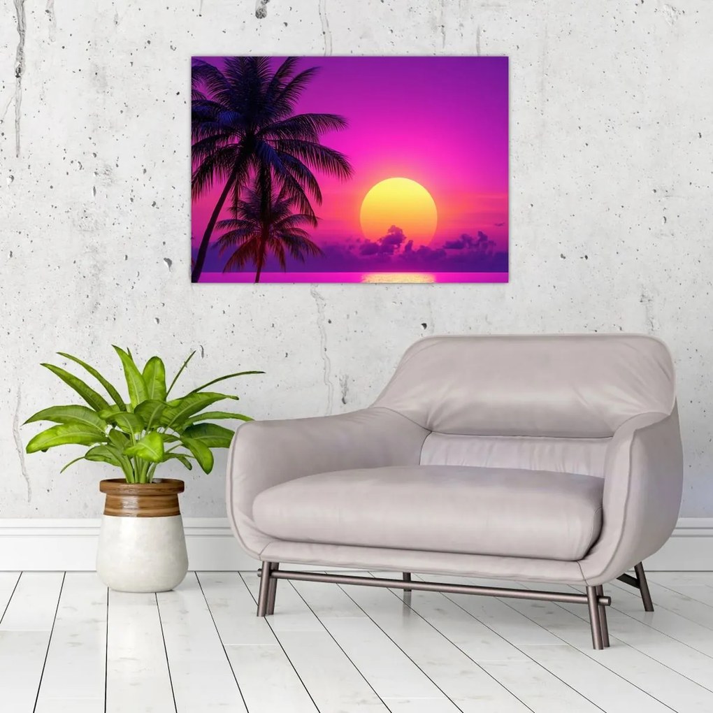 Kép - Lila naplemente pálmafával (70x50 cm)