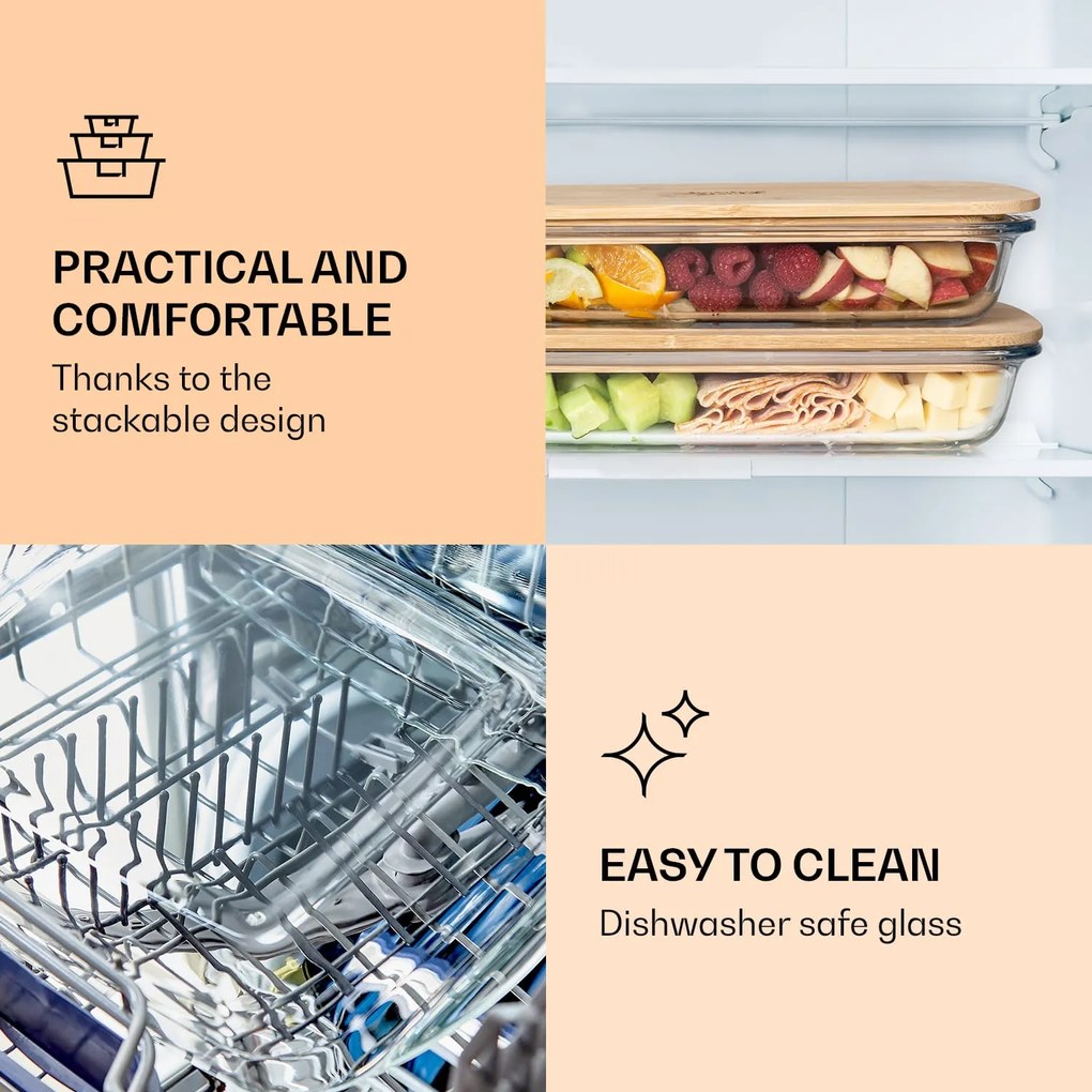 Klarstein Tízórai doboz zárható fedéllel, 1,6 L, 2 darabos készlet, hőálló, üveg, bambusz