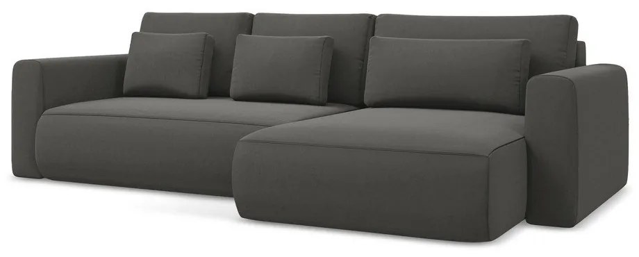 Sötétszürke bársony kinyitható-tárolóhelyes sarokkanapé (jobb oldali-heverő résszel) Kapua – Makamii