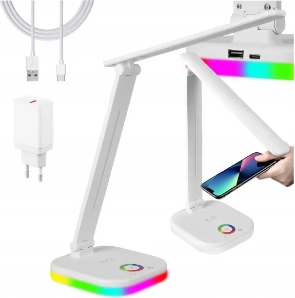 LED RGBW dimmelhető asztali lámpa vezeték nélküli töltéssel, 7W LED/5V USB, fehér