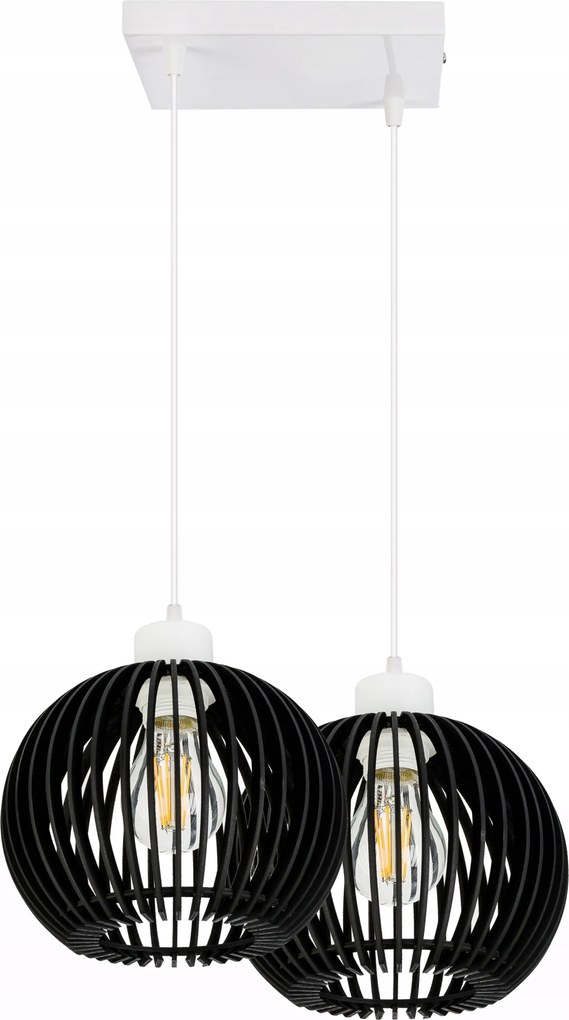 Függő mennyezeti lámpa Fehér túlnyúlás Loft 2x E27 fa Fekete gömb