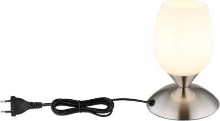 Globo 24007N Asztali lámpa fém nikkel matt, fehér színű üveg búra, fekete PVC kábel, érintő kapcsoló, ø: 125mm, M: 180mm, kábel hossza 1500mm, 1x E14 25W 230V izzó nélkül
