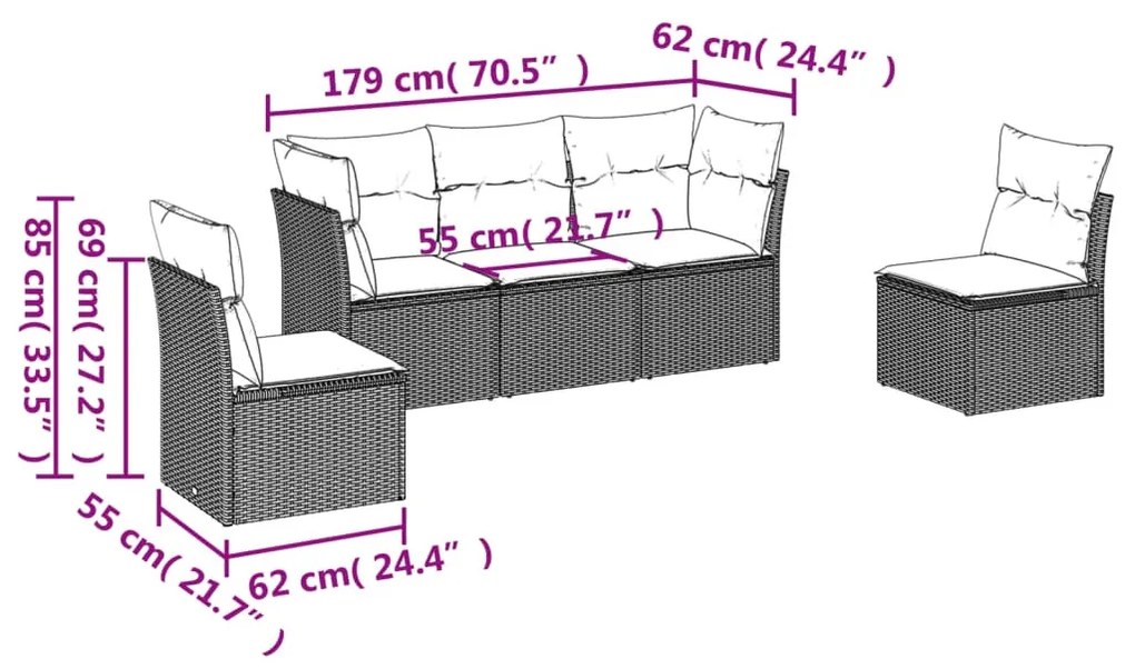 5 részes fekete polyrattan kerti kanapészett párnákkal