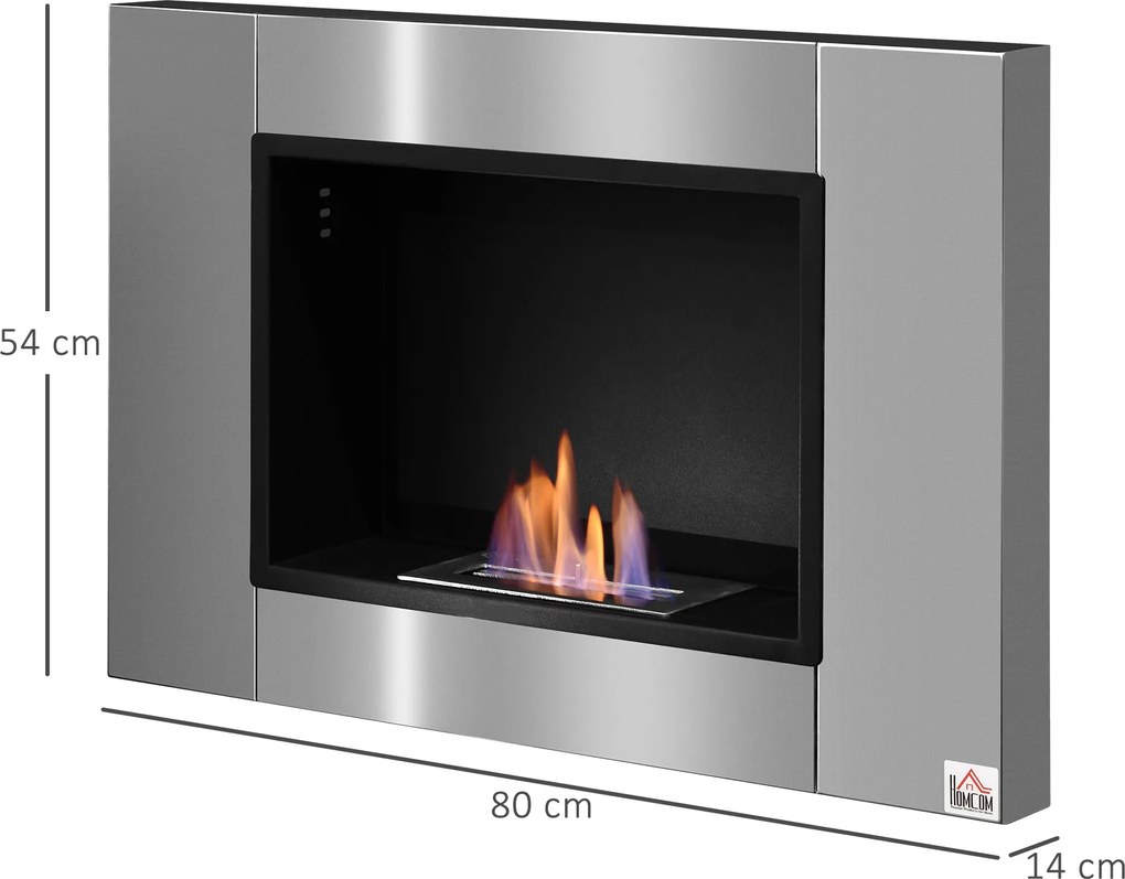 HOMCOM Fali beépített Bioetanol Kandalló 0.9 L Égő, 3 órás Égetési Idő 80L x 14W x 54H cm Terület 25-30 m² Rozsdamentes Acél | Aosom