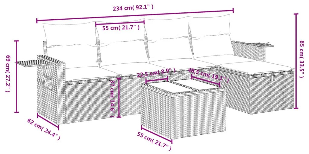 6 részes fekete polyrattan kerti ülőgarnitúra párnákkal