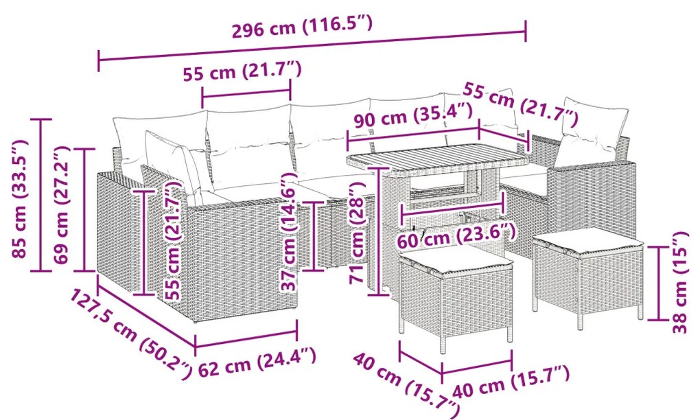 10 darabos kert kanapé szett párnákkal, fekete poli rattan akácia, 3 darabos kert étkező szett párnákkal, fekete poli rattan akácia