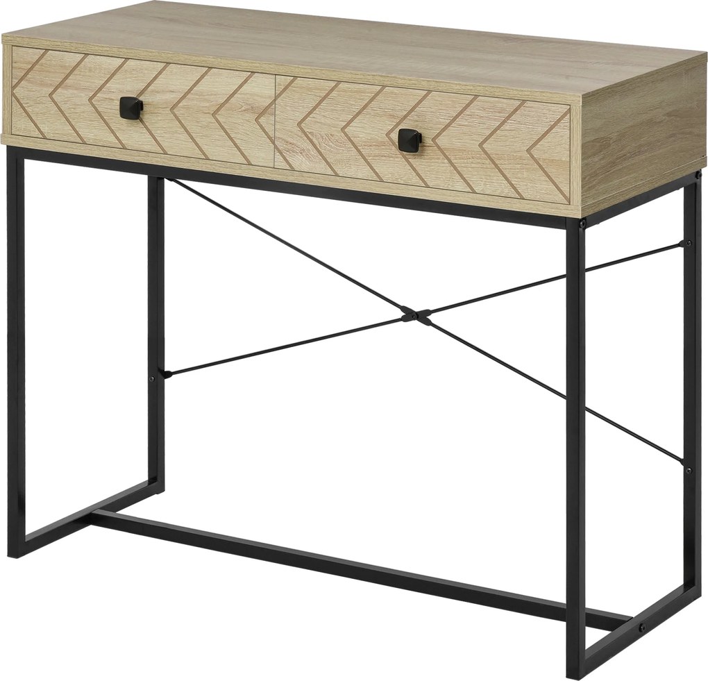 HOMCOM Konzolasztal 90x35x76 cm Előszobai Asztal 2 Dekoratív Tároló Fiókkal és Fémből Készült Váz Előszobába, Nappaliba Természetes Színben | Aosom