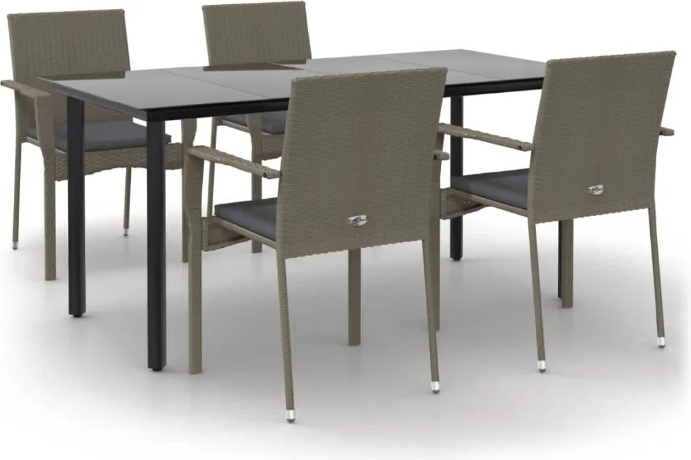 vidaXL 5 részes fekete és szürke polyrattan kerti étkezőszett párnával