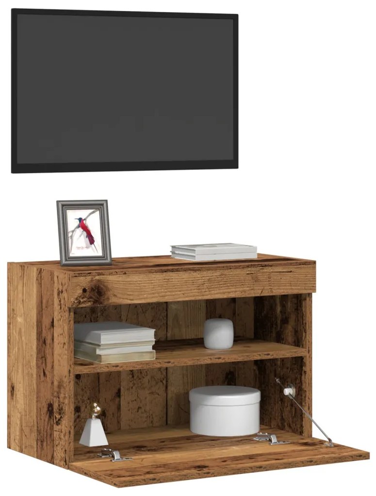 LED világítással ellátott TV faliszekrény régi fa 60x30x40 cm