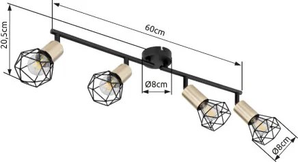 Globo 54802S-4AB Spotlámpa fém fekete- sárgaréz színben, fém drót búrával. HxSzxM: 600x80x205, fényforrás nélkül 4xE14 40W 230V