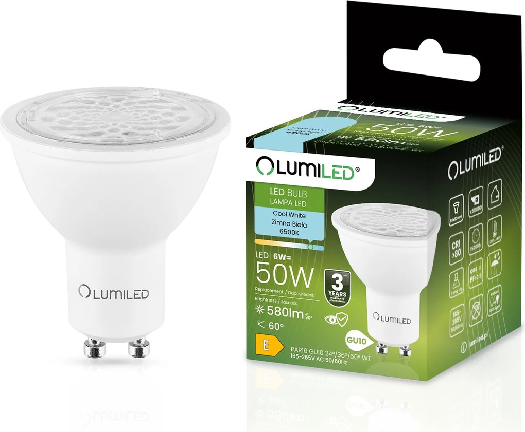 Led izzó GU10 6W 50W 580lm 6500K Hideg Állítható 24° 36° 60° Lumiled