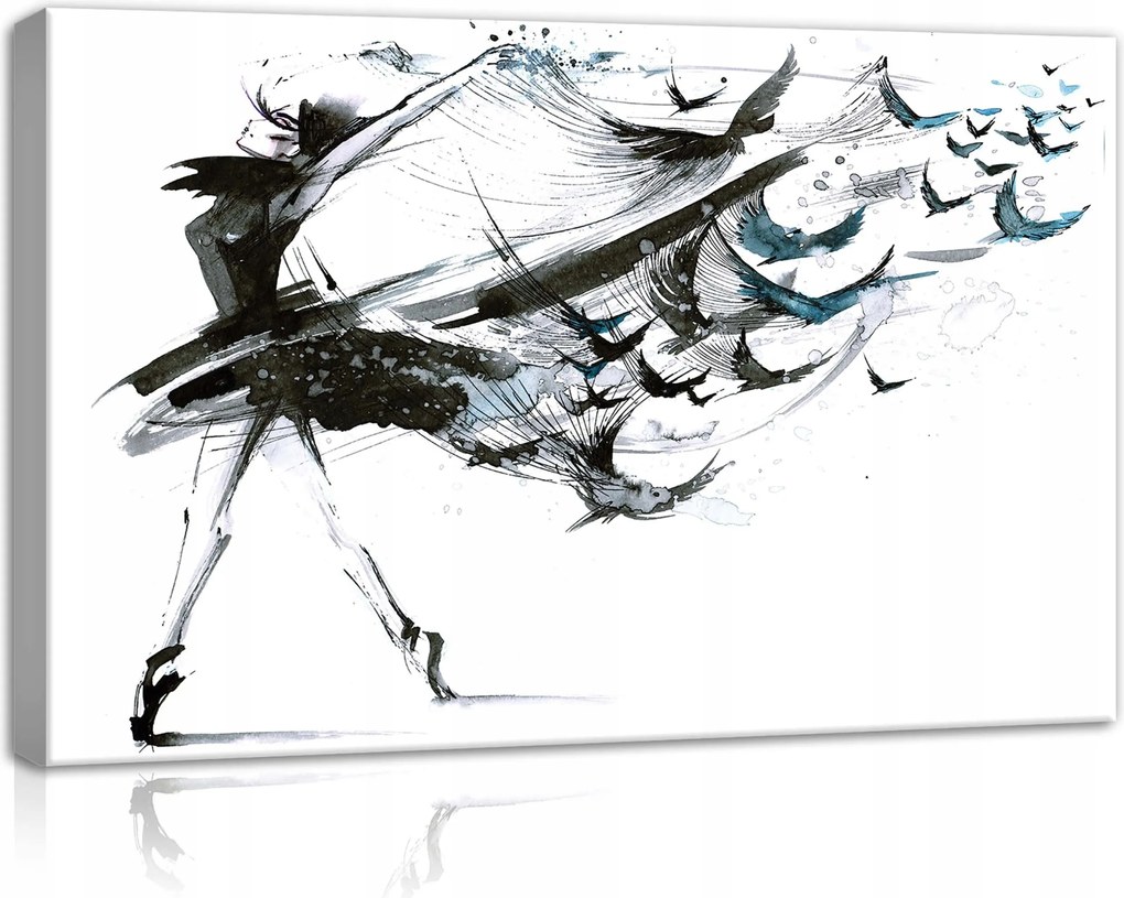 Vászonkép 60x40 Balerina nő ruhában madarak repülés monokróm ékezetek