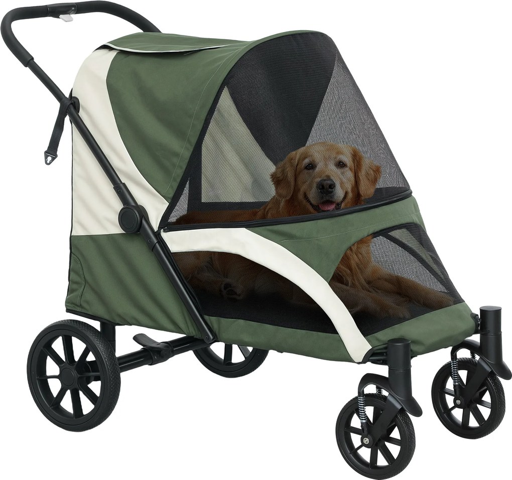 PawHut Hosszú Kutyakocsi Összecsukható Kisállat Kocsi NAGY Kutyák és Macskák Részére, MAX 30 kg, Kutyakocsi Párnával, Hálós Ablakokkal, Ajtókkal, Tásk