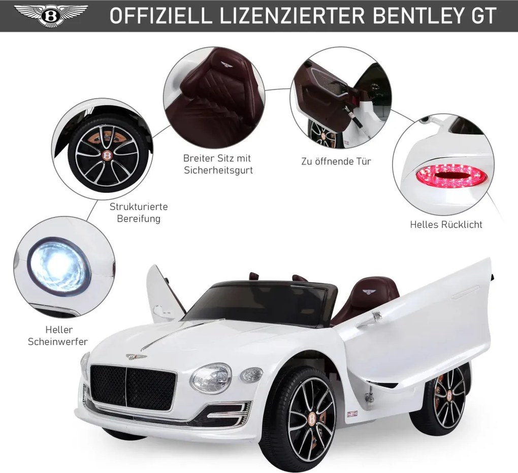 HOMCOM Elektromos gyerekautó Bentley GT, 2.4G távirányítóval, MP3, zene, kürt, LED fények, fehér
