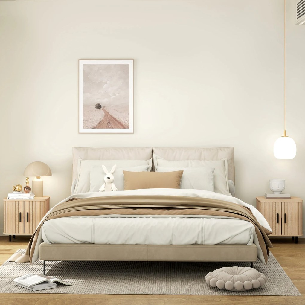 HOMCOM 2 db Éjjeliszekrény Csúszóajtókkal, 2 Polccal és Acél Lábakkal, Skandináv Stílus, 48x40x48 cm Tölgy | Aosom