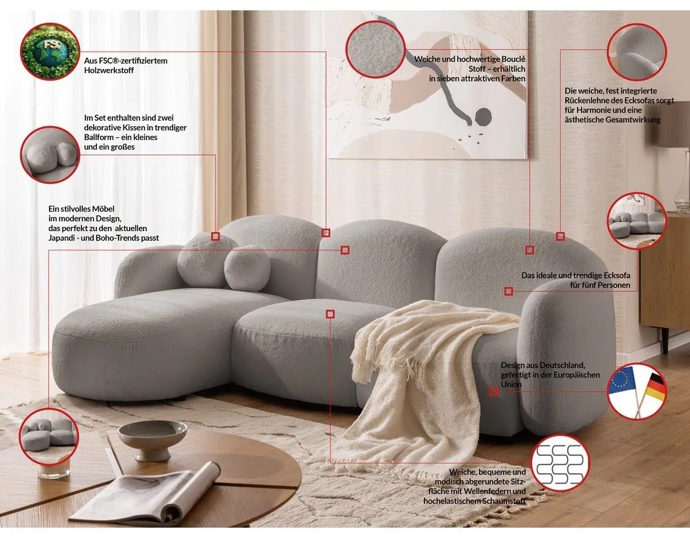 Szürke buklé sarokkanapé (bal oldali-heverő résszel) Orbit – Ropez