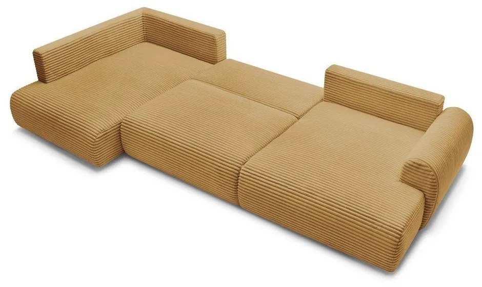 Mustársárga kordbársony kinyitható-tárolóhelyes sarokkanapé (bal oldali-U alakú) Lucien – Bobochic Paris