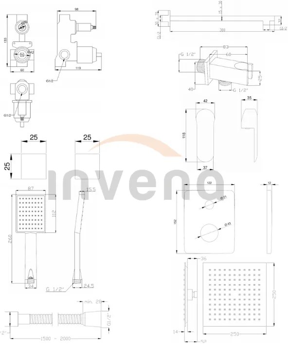 Invena Siros, rejtett zuhanygarnitúra esőzuhany fejjel 25x25 cm és kézi fejjel, króm, INV-BS-90-0K2-A