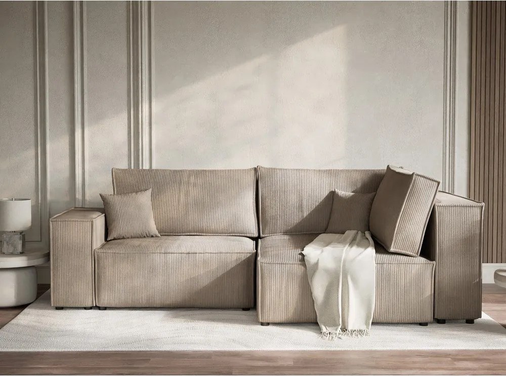 Bézs kordbársony kinyitható-tárolóhelyes sarokkanapé (jobb oldali-L alakú) Tonga – Maison de Rêve