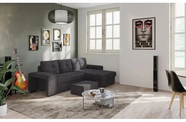 PALERMO jobbos, fekete kihúzható kanapé tárolóval és puffal