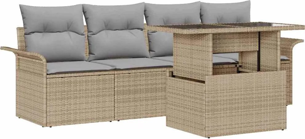 vidaXL Kerti Kanapé Szett párnával tárolóval 5 pcs Bézs Poly Rattan