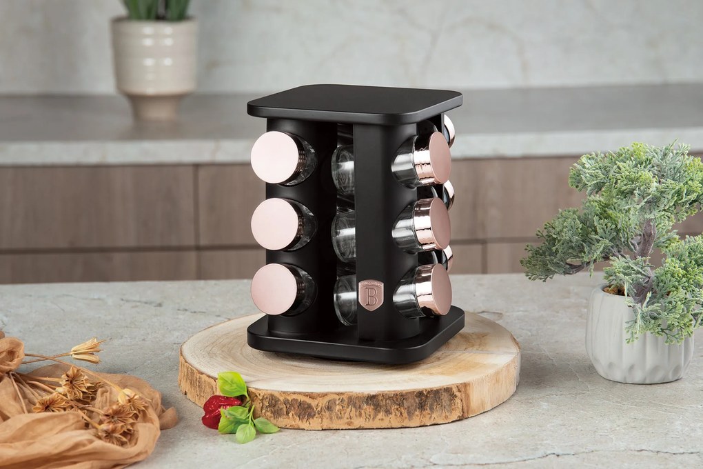 13 részes négyzet alakú fűszertartó állvány fekete rose gold