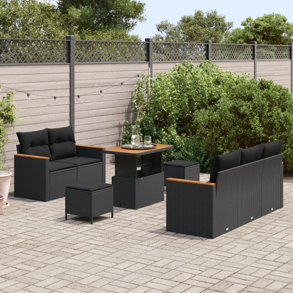 8 darabos Kerti Sofasor Párnákkal Fekete Poli Rattan Akácia, 3 darabos Kerti Étkezőszett Párnákkal Fekete Poli Rattan Akácia
