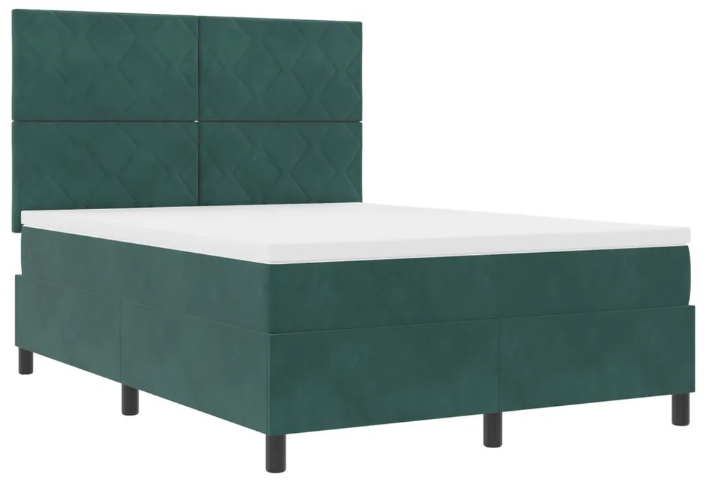 Boxspring Ágy Mattal & LED Sötét Zöld 140x200 cm Bársony