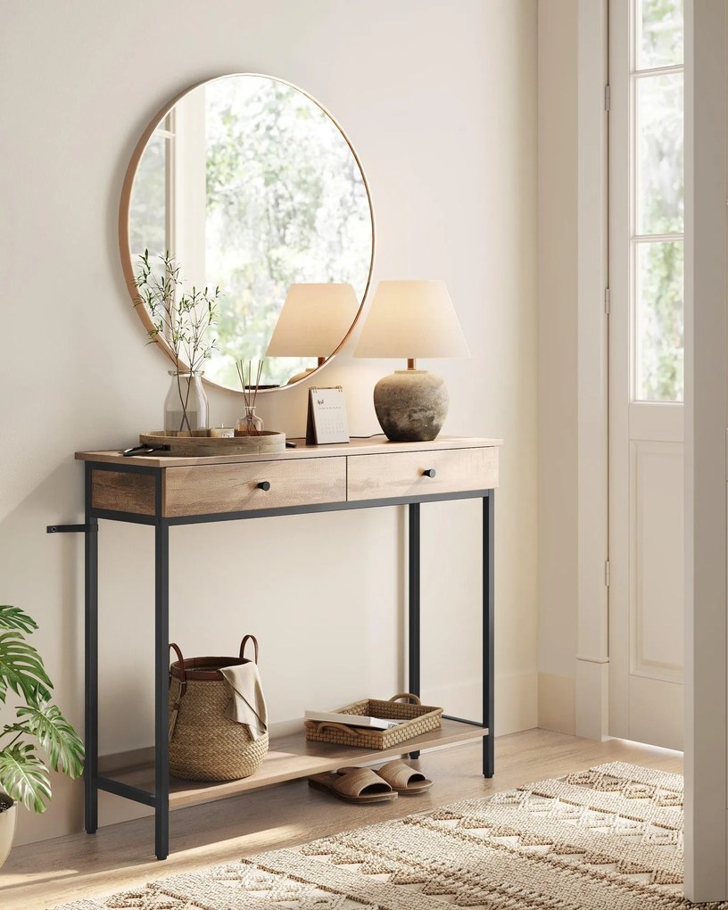 Fémvázas konzolasztal 2 fiókkal, ipari dizájn, tevebarna-fekete színben