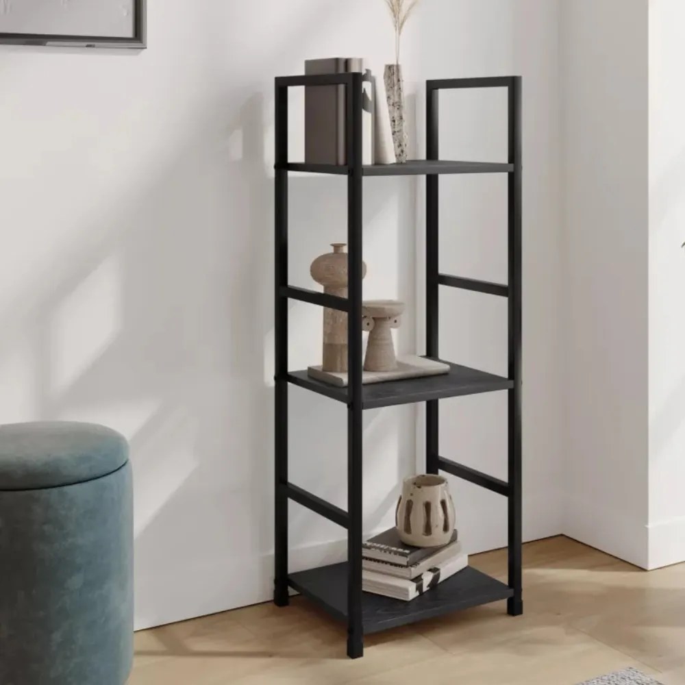 Fekete 3 szintes nyitott könyvespolc, tároló állvány fém lábakkal - 29x80cm Intenso