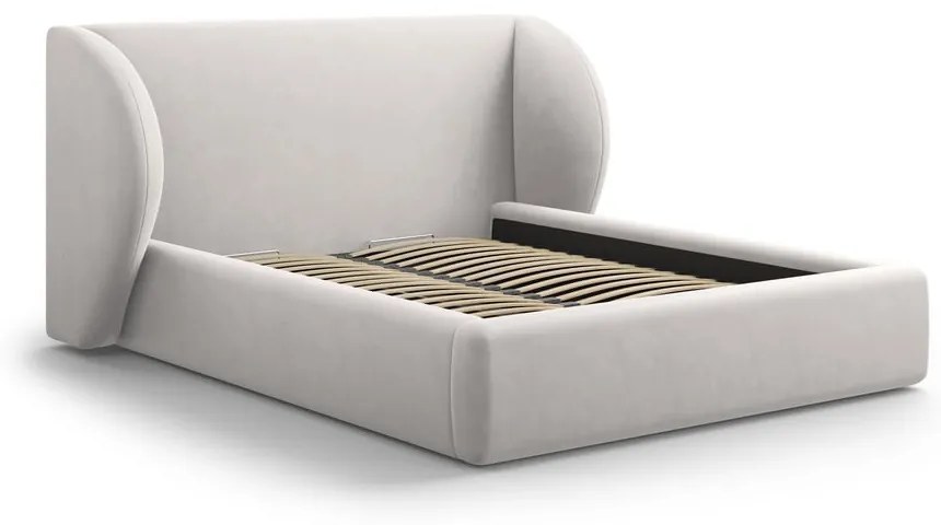 Világosszürke kárpitozott franciaágy tárolóhellyel, ágyráccsal 200x200 cm Miley – Micadoni Home
