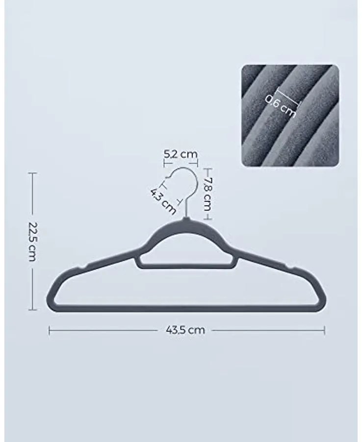 Bársony fogasok, 20 darabos ruhafogas készlet, világosszürke