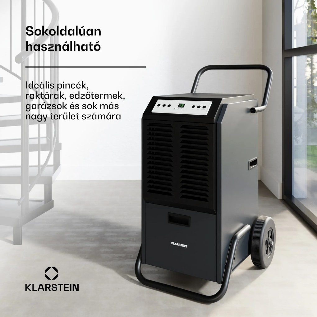 Klarstein DuraDry 70L páramentesítő, 70 l/nap, 90-140 m², rozsdamentes acél, mobil, 450 m³/h