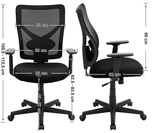 Irodai ergonomikus szék, állítható deréktámasszal és kartámasszal, fekete