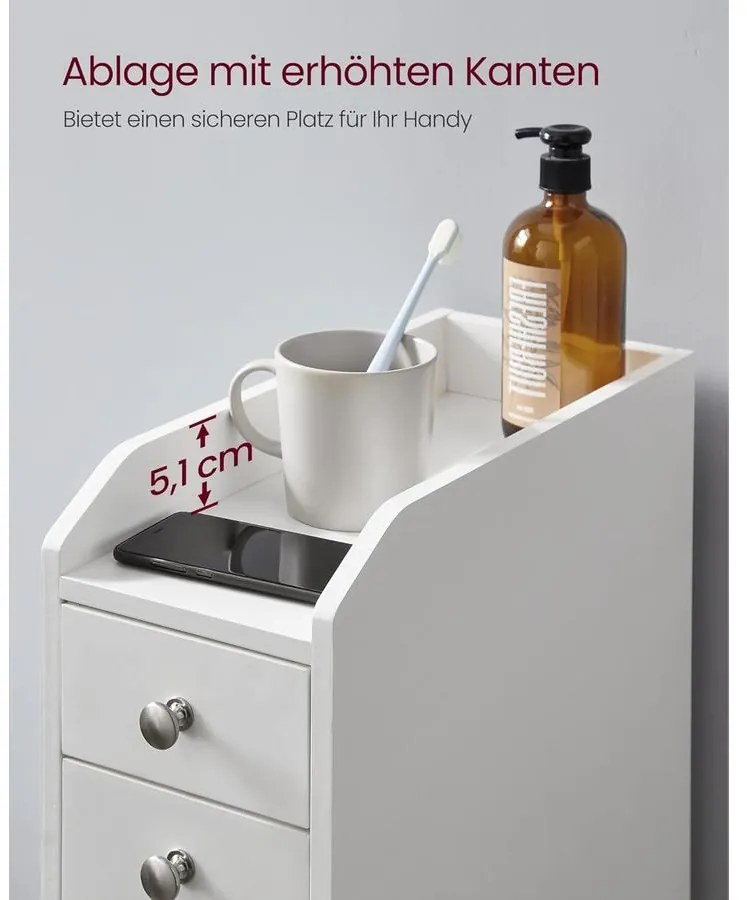 VASAGLE kis fürdőszobai szekrény, álló tárolószekrény kis helyiségekbe, fehér színben