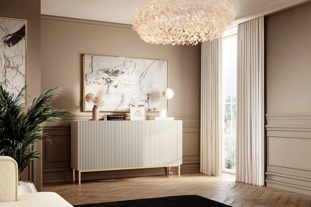 Nicole komód 150 cm háromajtós, bordázott előlap - kasmír / arany lábak