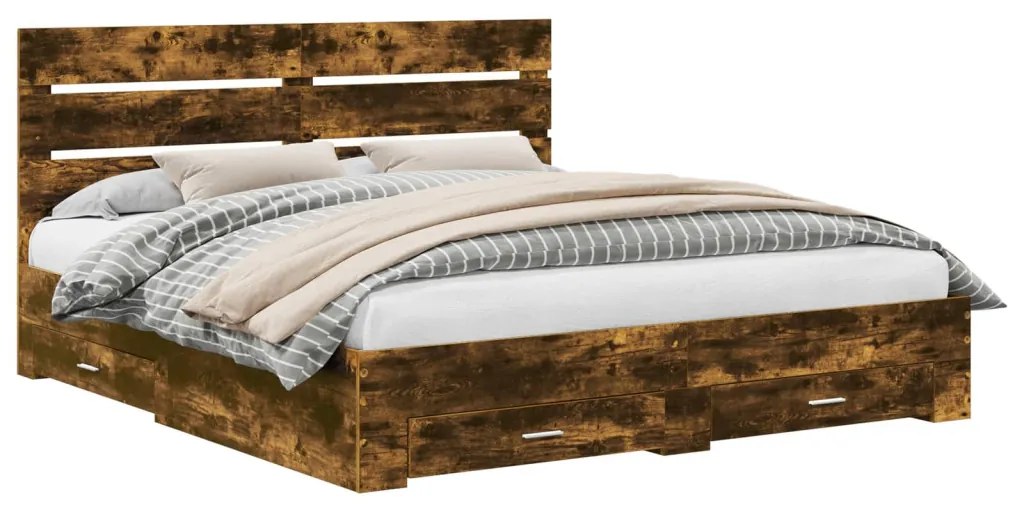 vidaXL Ágykeret fiókkal fejtámlával Füstölt tölgy 200 x 200 cm Faanyag