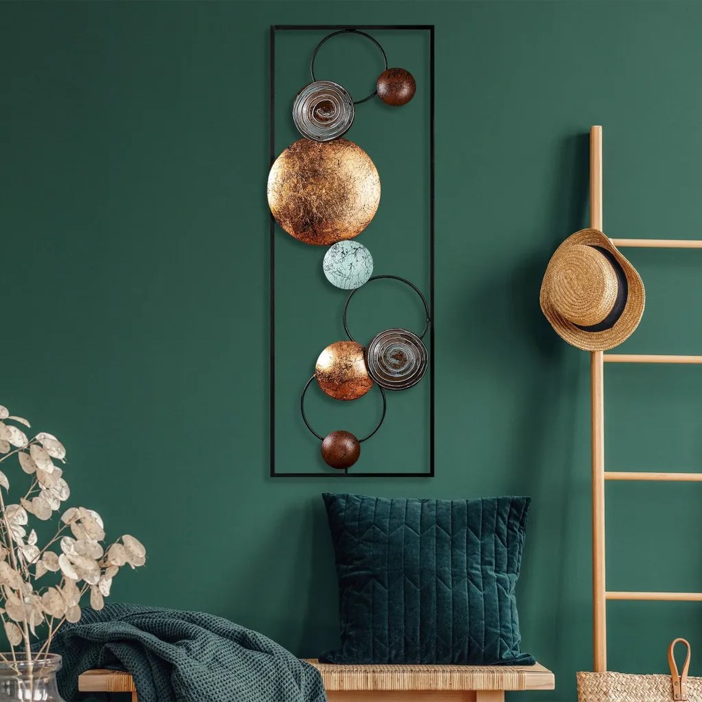 Fém fali dekoráció, circles, arany-kék 90x32 cm