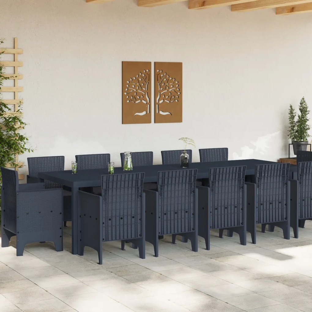 13 darabos Kerti Étkezőkészlet Párnákkal Antracit Polirattan, Kert Asztal Antracit 150x100x73 cm Polirattan, Kerti Székek Párnákkal 4 db Antracit Polirattan