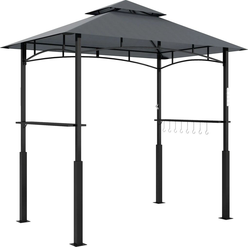 Outsunny Grill Pavilon LED világítással 243 x 148 x 248 cm Vízálló Tűzálló Kerti Pavilon Két Rétegű Tetővel, Oldalsó Polcokkal, UV Védelemmel, Fém Gri