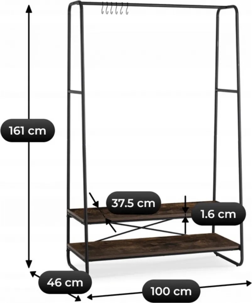Előszobai fogas 100 cm méretben, polcos kivitelben, rusztikus tölgy/fekete színben JOEL