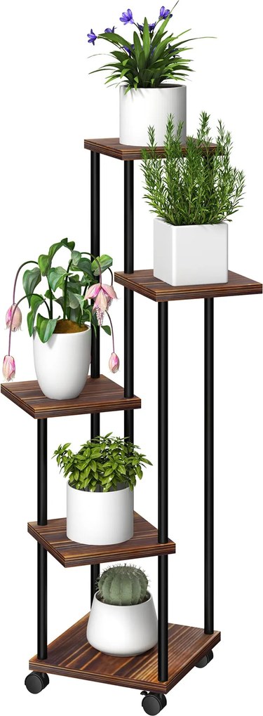 Outsunny 5-szintes növénytartó kerekekkel, virágtartó beltérre és kültérre, acél- és fa növénytároló, több szintes virágrács, 110 cm magas viráklétra