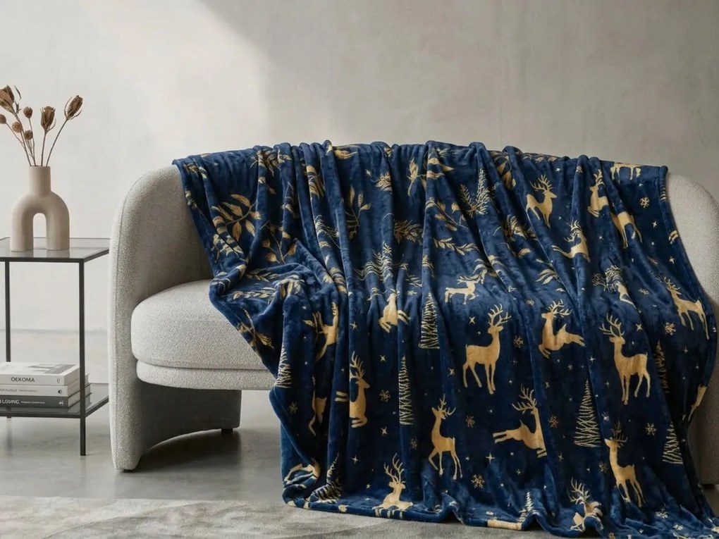 Sötétkék karácsonyi mikroplüss takaró GOLDEN DEER Méret: 150 x 200 cm