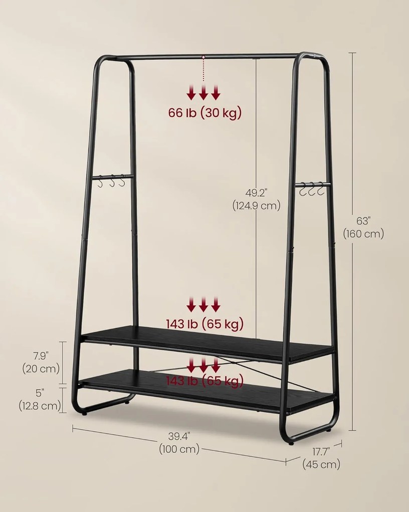 Ruhatartó állvány, ruhafogas 2 polccal és 6 darab s alakú akasztóval, fekete színben