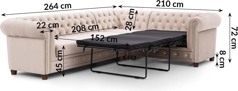 Bézs bársony kinyitható sarokkanapé (jobb oldali-L alakú) York Blik – Ropez