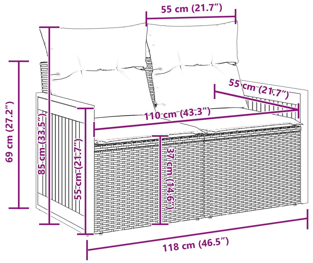 vidaXL Kerti Kanapé Szett párnával 13 pcs Fekete polirattan