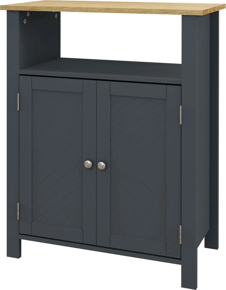 kleankin Fürdőszobai Szekrény 3 Polccal MDF-ből és Forgácslapból, Állítható Belső Polccal és 2 Kiemelt Ajtóval, 60x30x80.5 cm, Szürke és Fa Szín | Aos