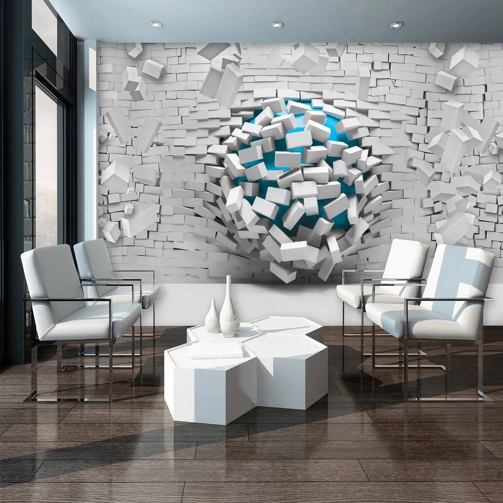 Fotótapéta - 3D kék golyó és fehér téglafal (152,5x104 cm)